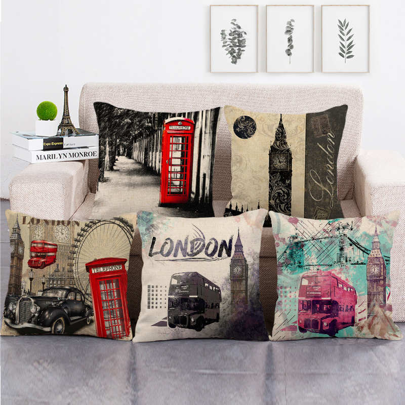 Home Textiles London - レトロロンドン路面電車シリーズデジタル印刷ショートぬいぐるみ枕カバー車のソファオフィスクッションカバーホームグッズ 60 × 60 センチメートル