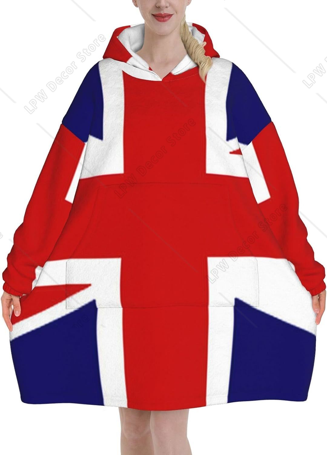 Home Textiles Uk - 英国国旗プリントブランケットパーカー 女性&男性用 大人ティーン向け ポケット付きウェアラブルフード付きスウェットシャツ